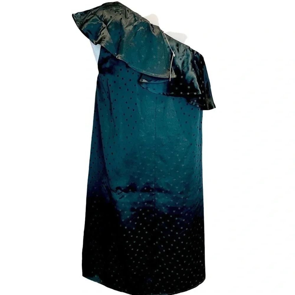 NWT Madewell asymmetrical silk mini dress. Emerald green, Swiss dot print. Sz 0 - Picture 2 of 5